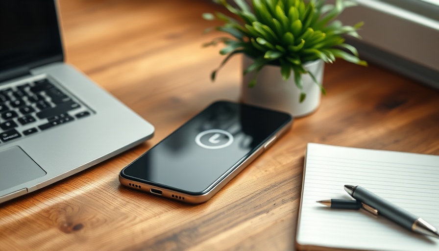 Smartphone with app icon on desk next to note-taking tools.
