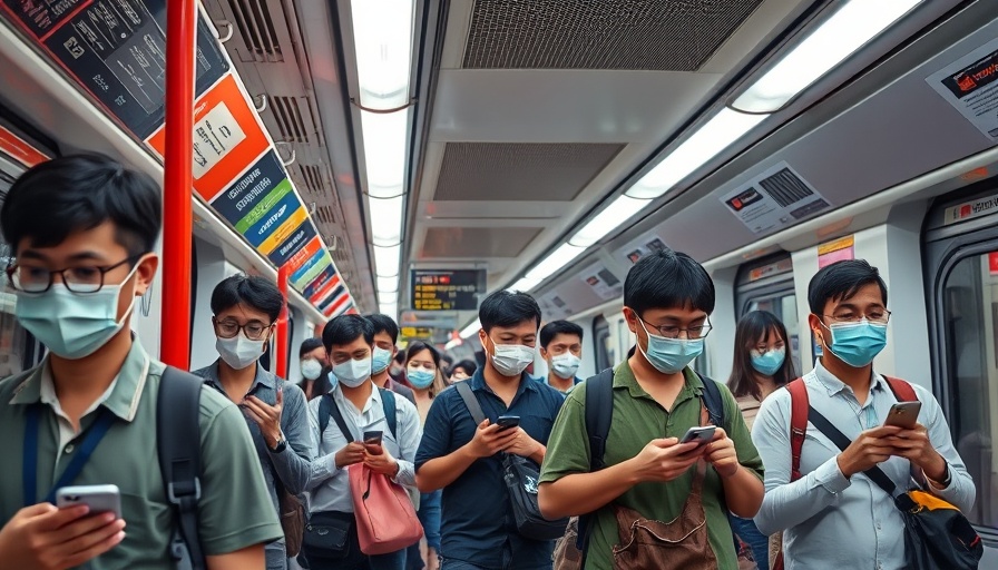 Commuters at Singapore MRT station, vibrant urban scene.