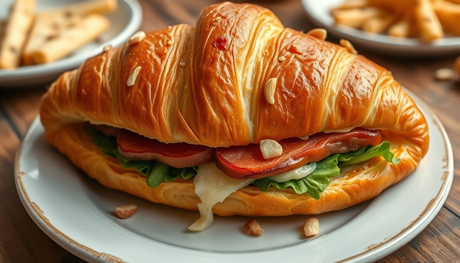 Singapore dining croissant sandwich on rustic table.