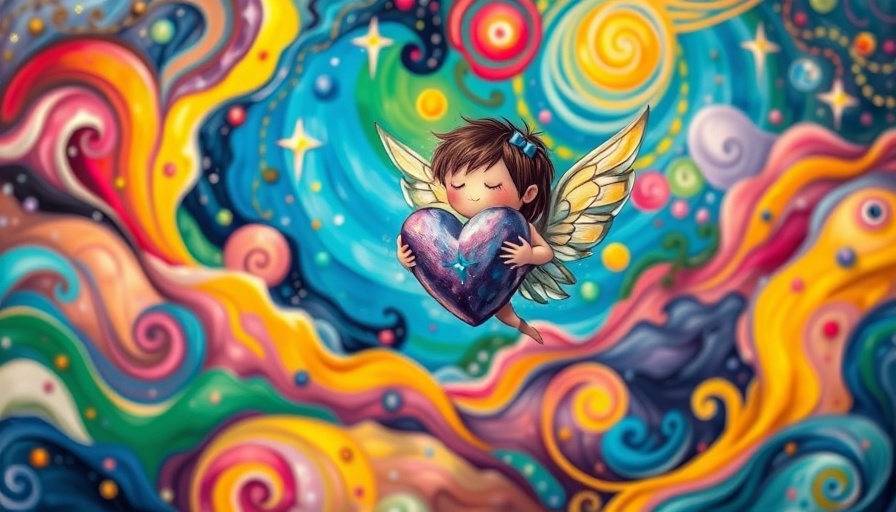 Whimsical art of kindness: winged figure with heart in colorful sky