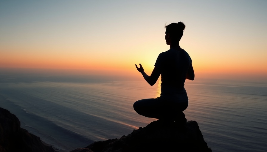Silhouetted meditation at sunrise overlooking ocean.