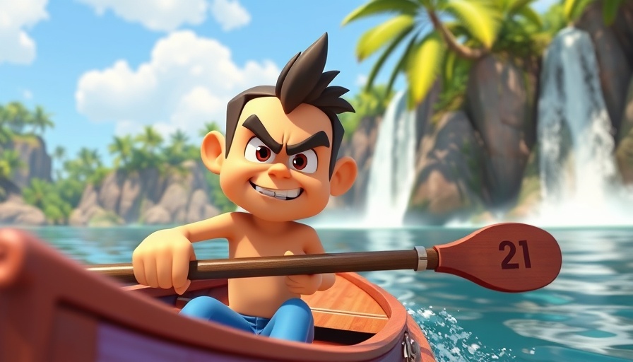 Moana 2 animated scene rowing a boat in tropical setting