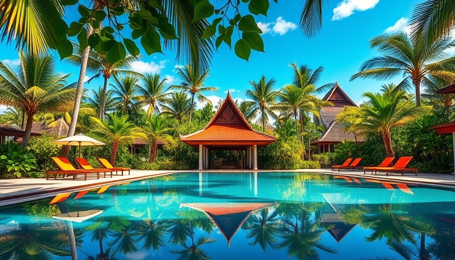 Tropical pool at fitness retreat in Thailand with lush greenery.