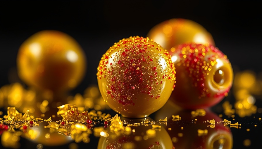 Glistening olive covered in edible glitter on black surface.