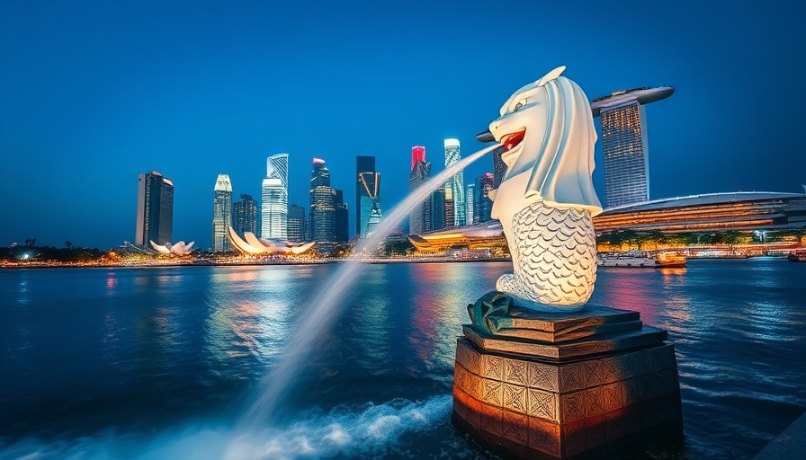 Singapore Merlion statue and skyline at night, food itinerary backdrop
