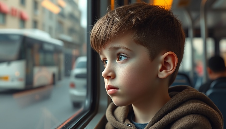 Reflective young boy on a bus, symbolizing family separations.