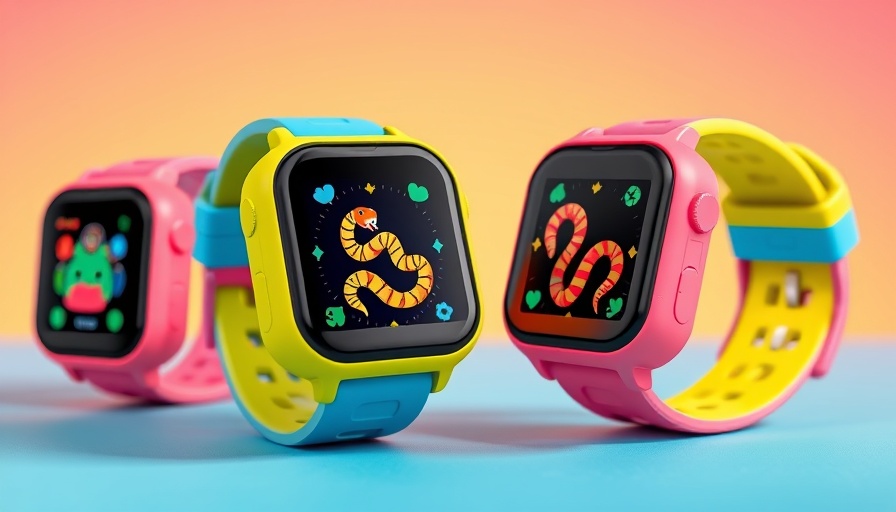 Colorful smartwatch for kids with playful snake game display.