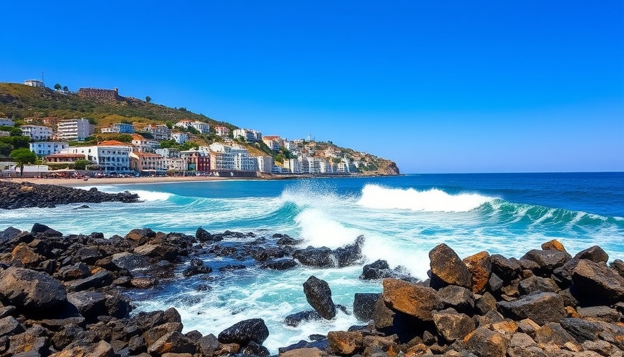 Scenic view of a coastal town in Fuerteventura with rocky shore