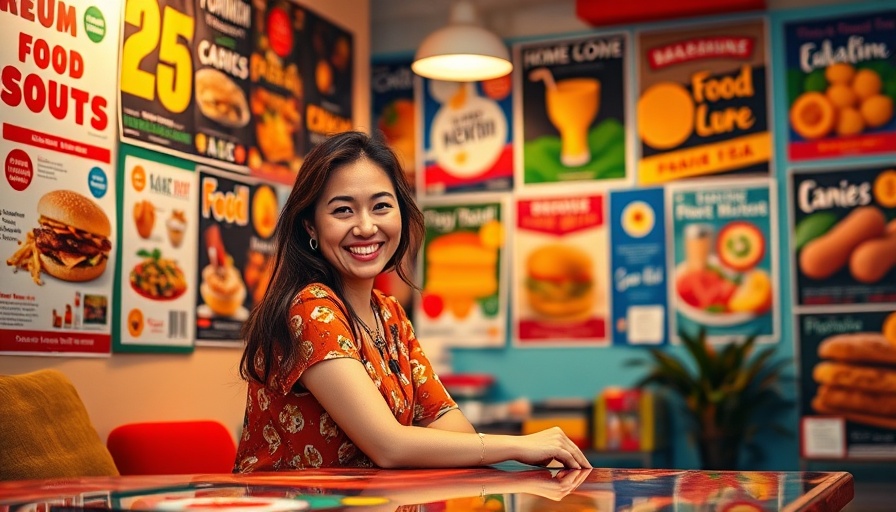 Smiling woman at colorful desk with food culture posters.