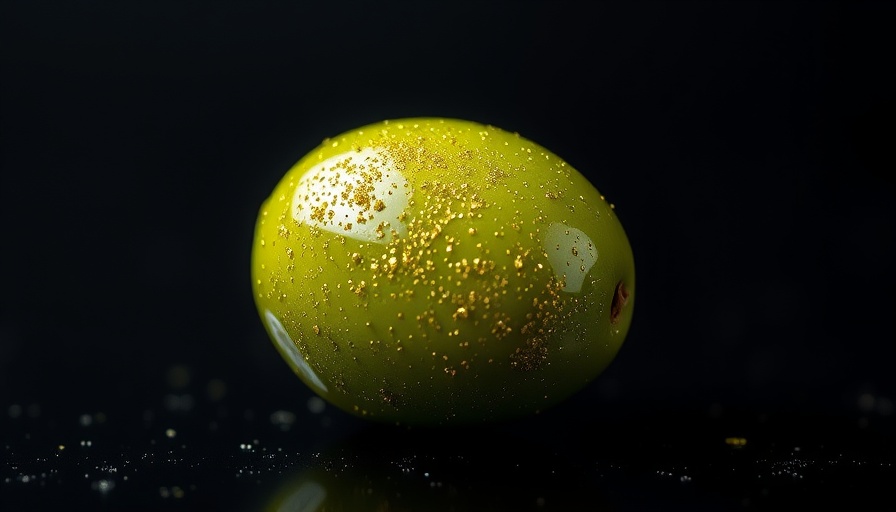 Edible glitter covered olive on reflective surface