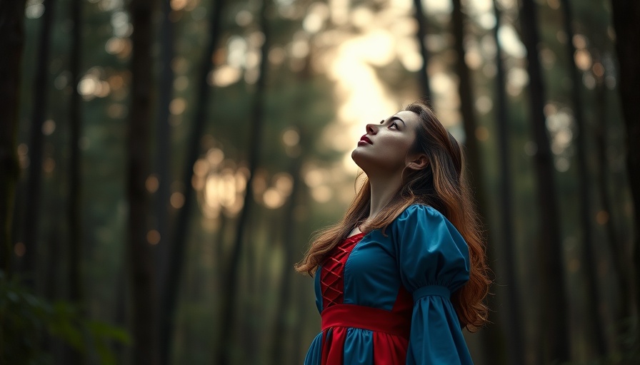 Disney Snow White live-action scene showing character gazing upwards.