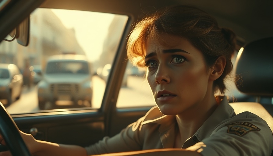 Scene depicting 1970s Brazil dictatorship film with a woman in a police car.