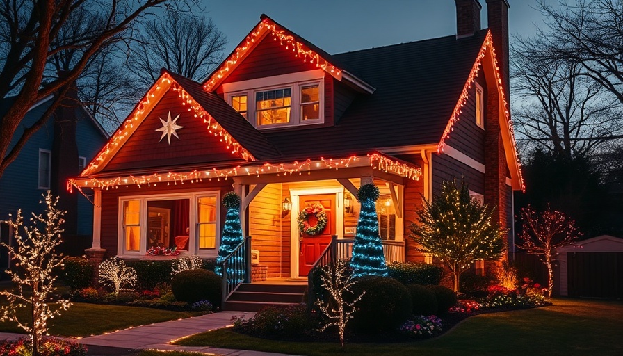 Cozy house glowing with smart holiday lights in vibrant colors.