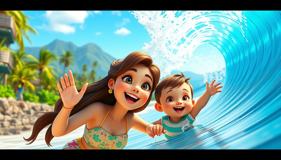 Moana cultural phenomenon: animated young woman and toddler by ocean