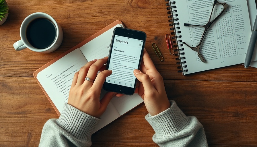 Simplenote app displayed on a smartphone on a desk.