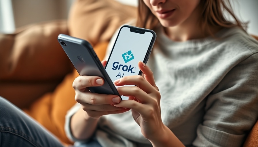 Woman using Grok AI app on smartphone in cozy setting