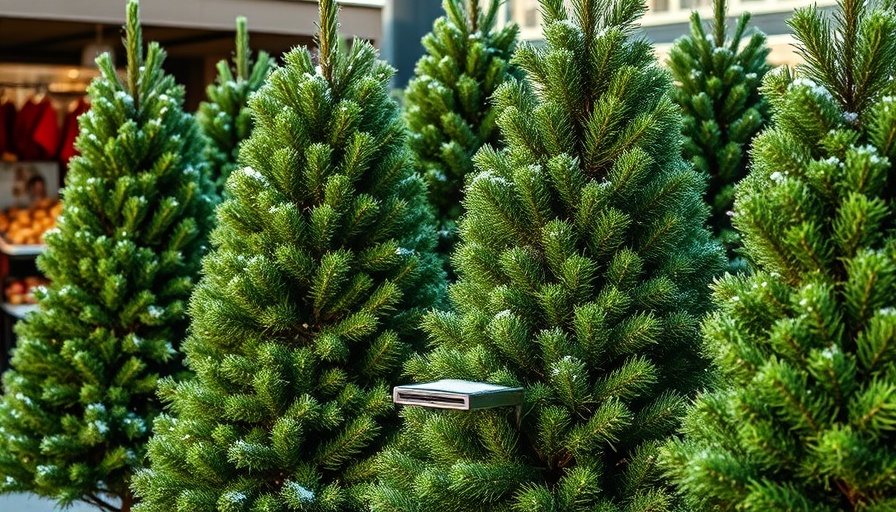 Fresh cut Christmas trees on display in urban market.