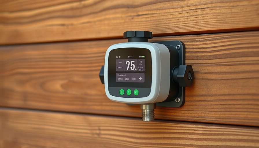 Smart home device irrigation valve on wood wall, automation tech.