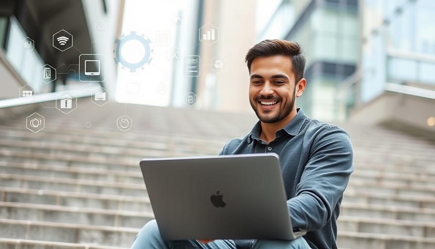 Digital nomad using technology on city steps with tech icons.