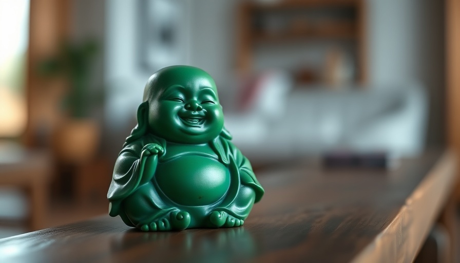 Green Buddha figurine on a bench for meditation for mental health.