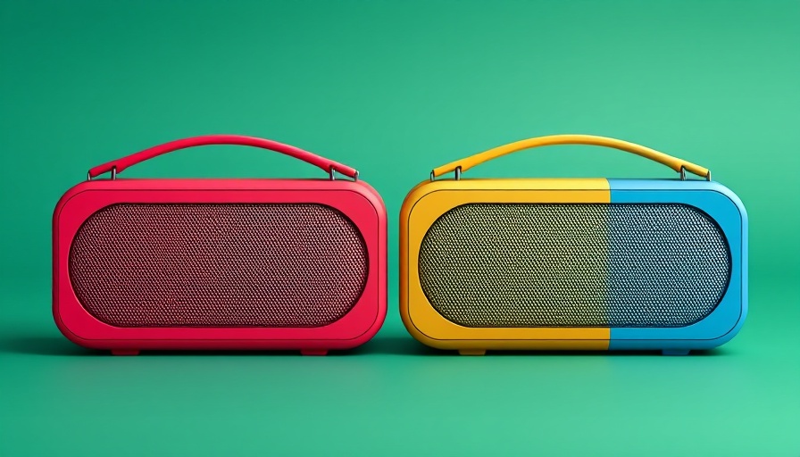 Vibrant portable speakers in various colors on a gradient background.