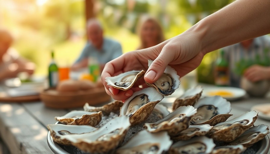 Outdoor oyster roast with hands serving from a colander.