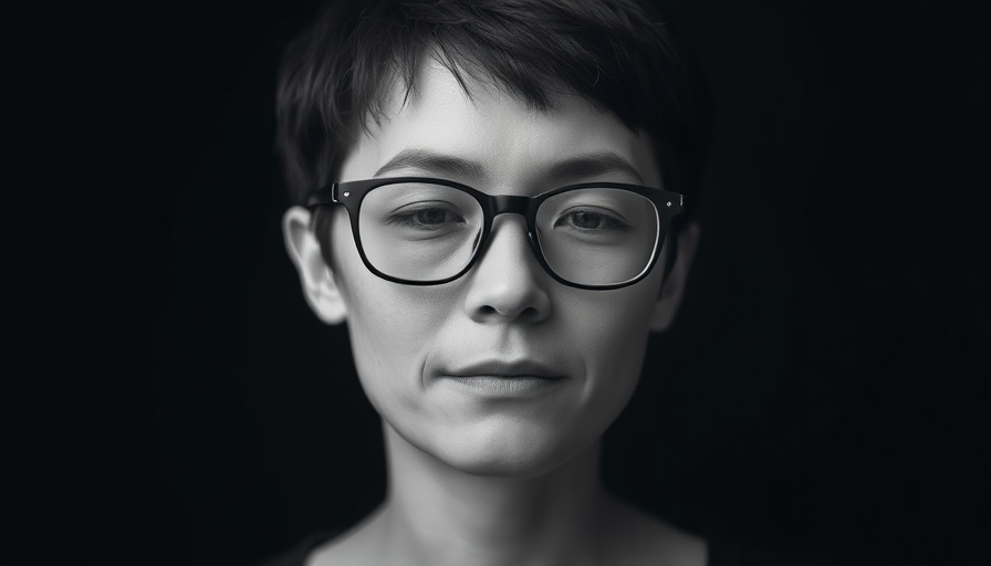 Monochrome portrait of person with glasses, introspective expression.