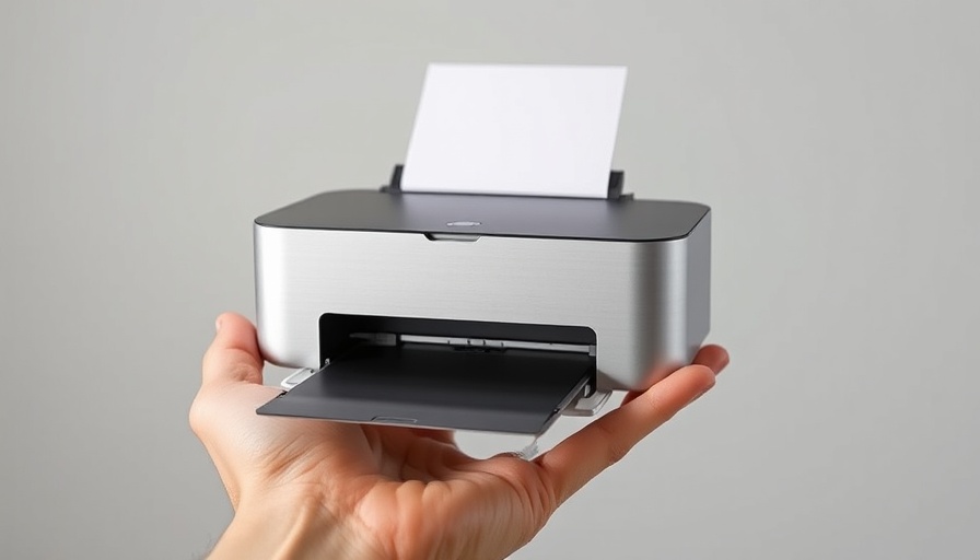 Close-up of a sleek portable printer held in a hand.