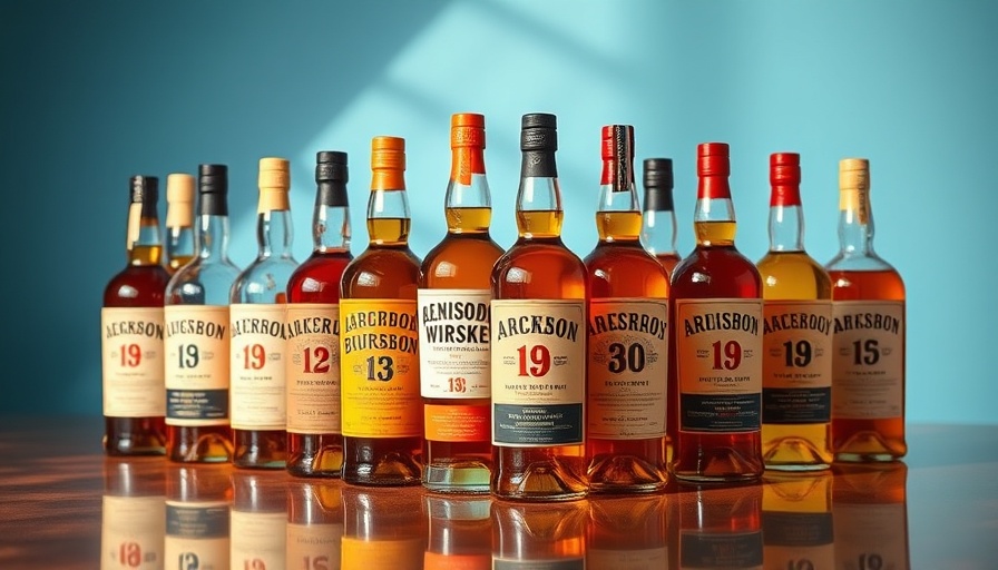 Assorted bourbon bottles on reflective surface, vibrant amber hues.