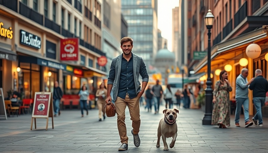 Couple on a stroll with dog in city square, casual walk.