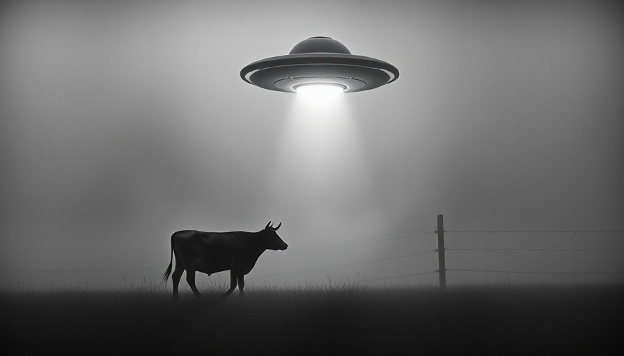 Vintage UFO with cow being abducted in foggy scene, drone sightings humor.