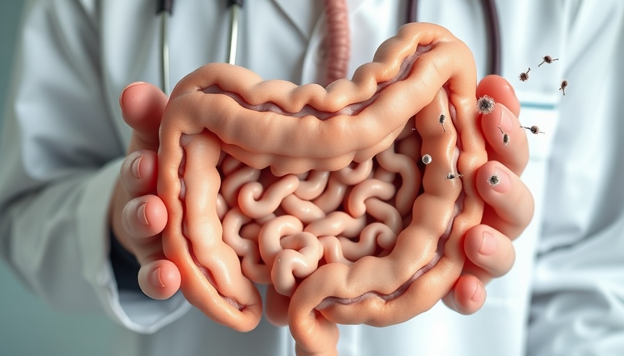 Anatomical intestines model in medical context with microbiome illustrations.