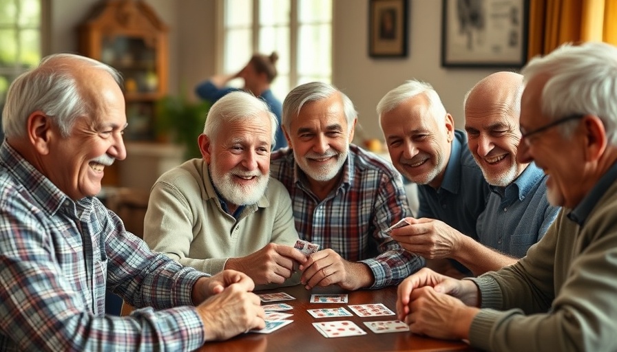 Older men playing cards and smiling, highlighting social benefits of testosterone therapy.