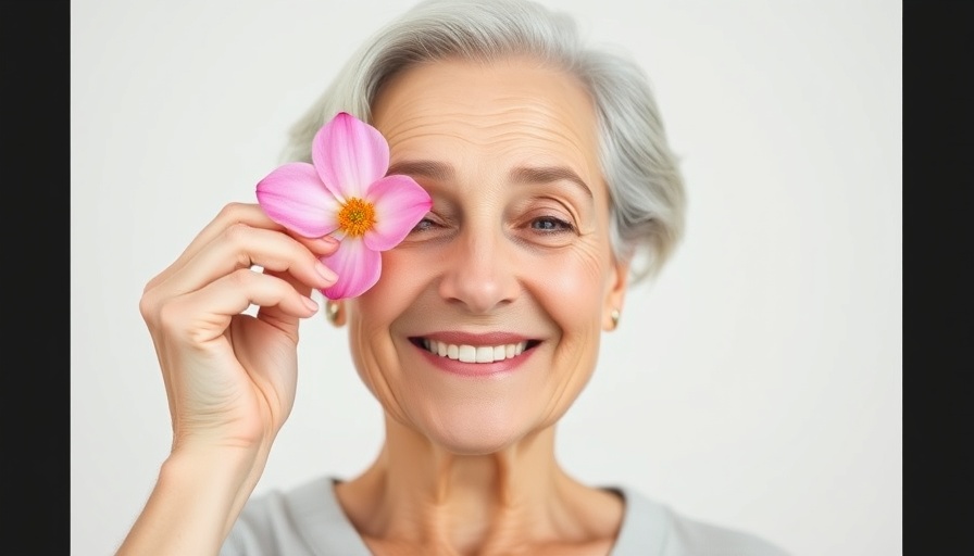 Older woman smiling with flower, menopause management theme