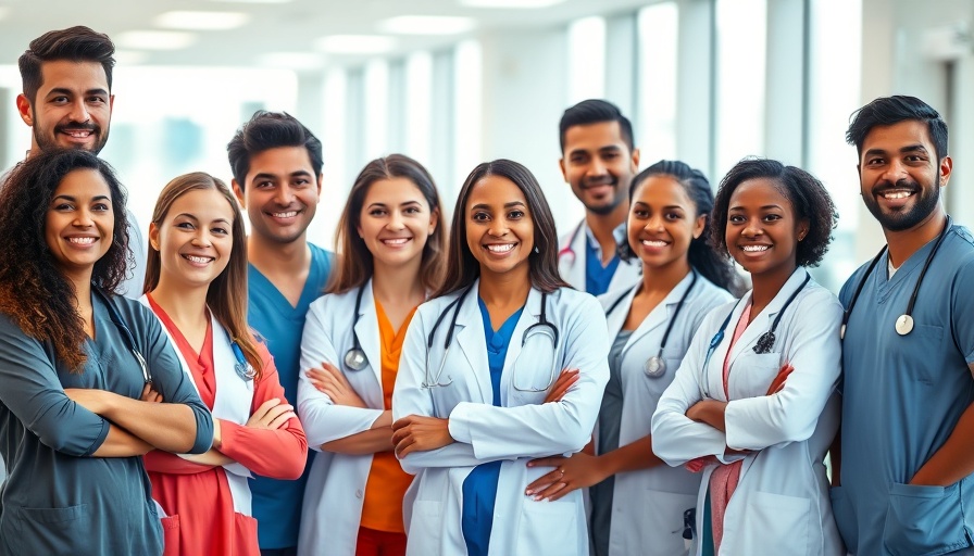 Diverse group of confident medical professionals smiling in a hospital setting