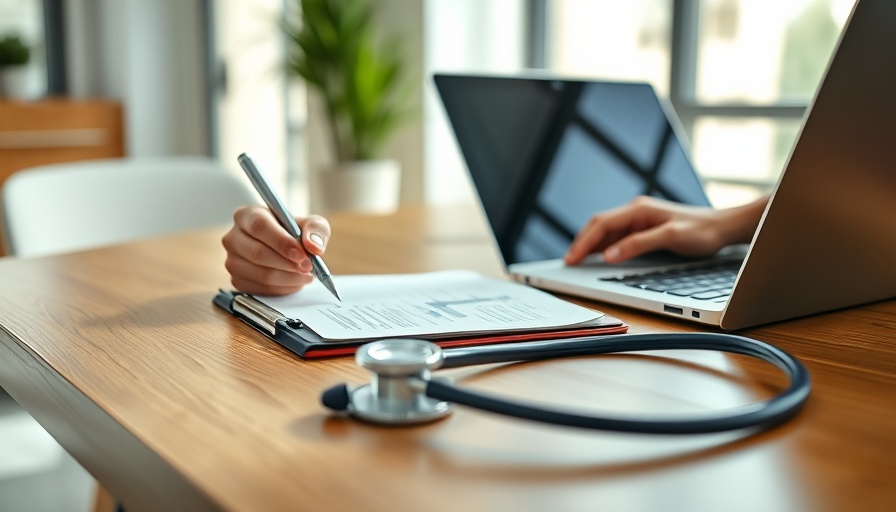 Doctor writing near stethoscope and laptop, medical practice loans concept.