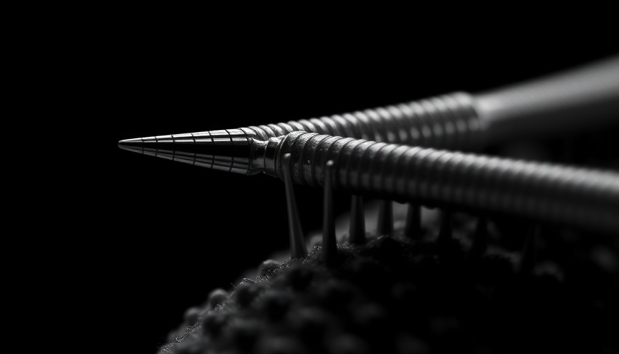 3D-printed microneedle detail, macro view, monochrome design.