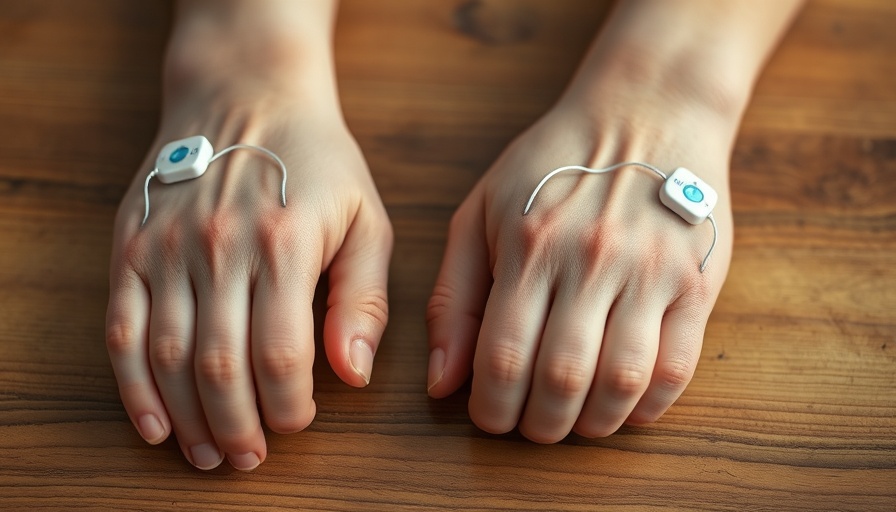 Forearms with wrist stimulation electrodes on wooden table.