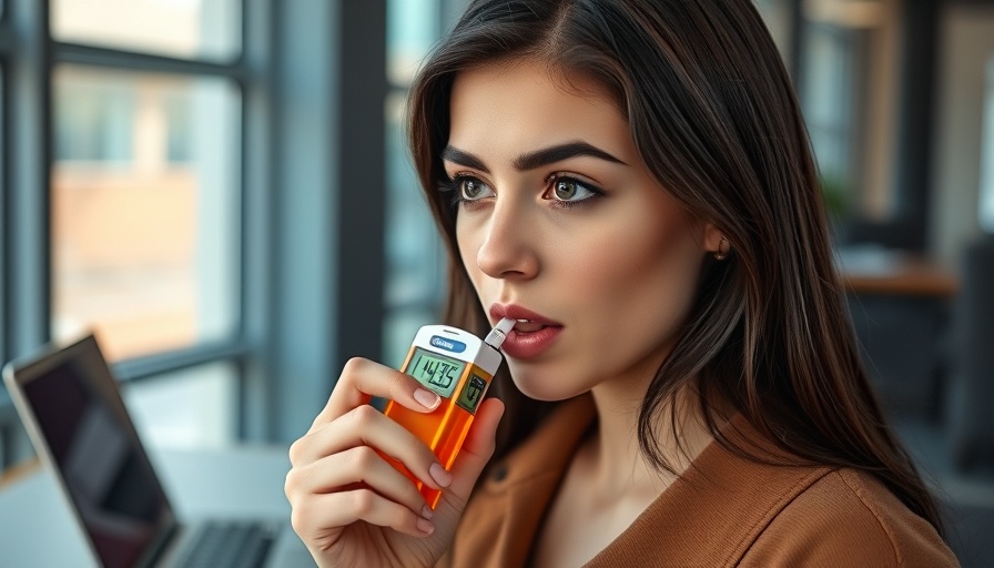 Woman using a THC breathalyzer in modern office, testing device.