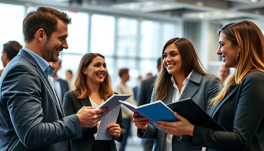 Professionals exchanging brochures at offline marketing event