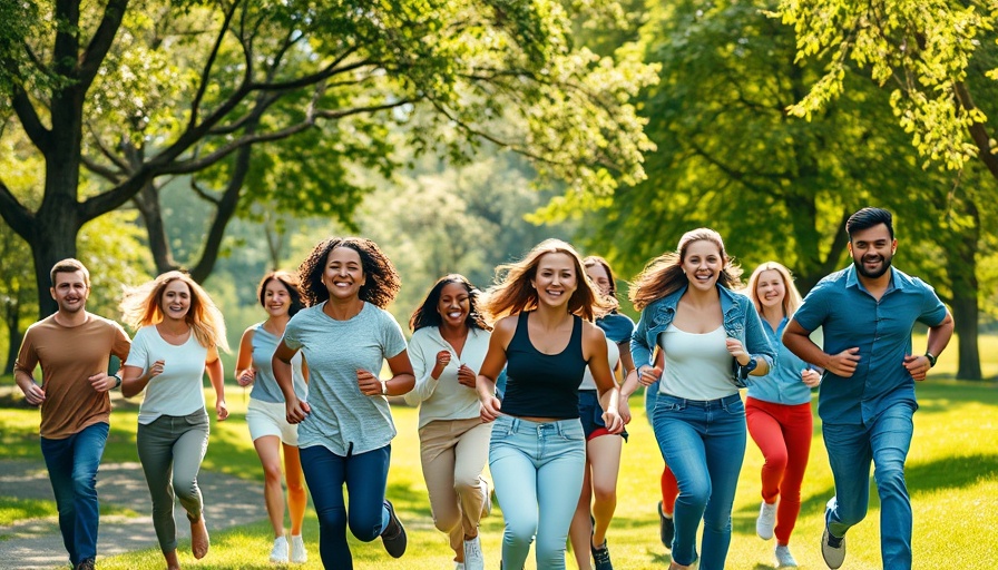 Diverse group running joyfully in a park, social media contests.