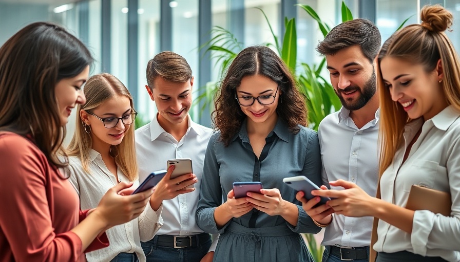 Professionals using phones for SMS Marketing in modern office.