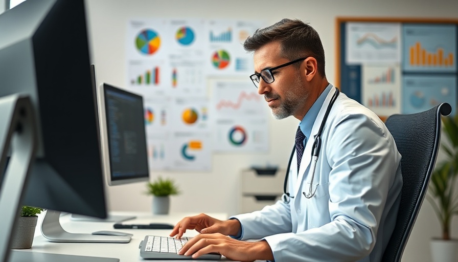 Doctor using computer in office with charts, Pinterest marketing.