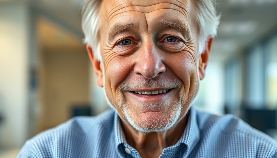 Portrait of an elderly man smiling in an office setting.