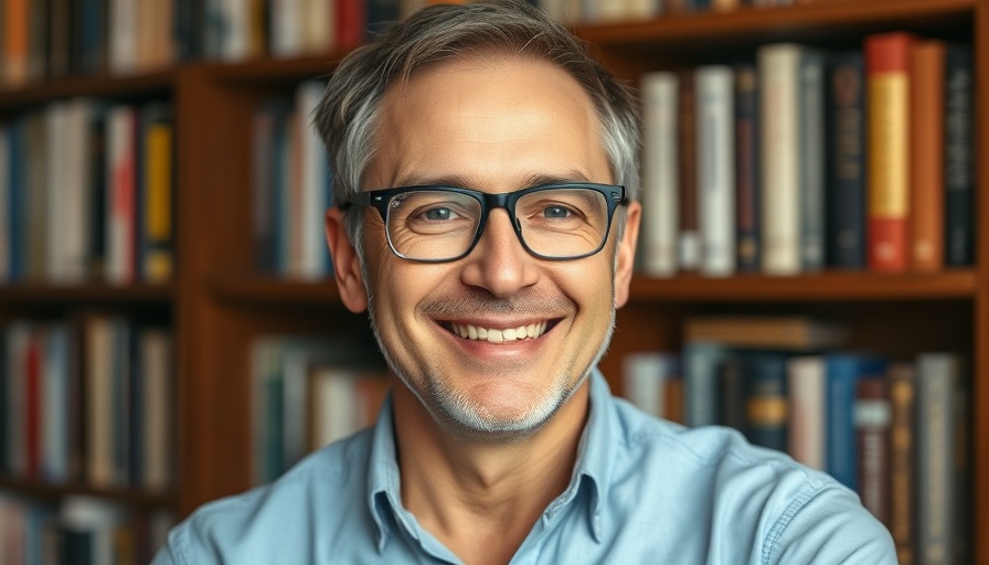 Friendly man in glasses smiling in front of a bookshelf.