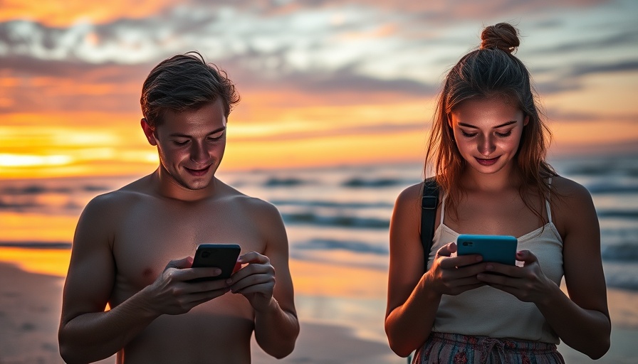 Couple on beach using phones, illustrating social media boundaries at sunset.