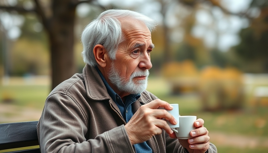 Contemplative older man holding coffee in luxury rehab setting.