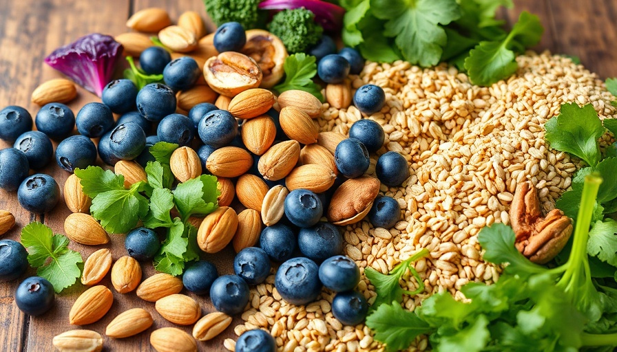 MIND diet foods like blueberries and nuts on wooden table.