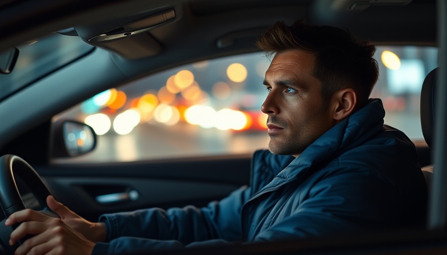 Person in puffy coat demonstrating safe driving techniques in car.