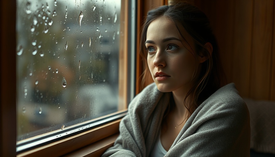 Young woman with thoughtful expression sitting by a window, reflecting seasonal depression.
